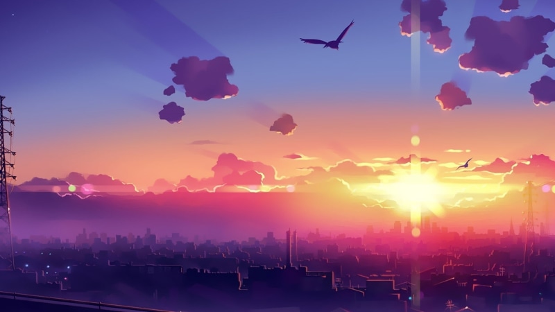 city, skyline, anime, 1080P, sunset