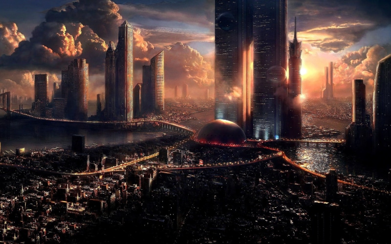 1080P, artwork, travel destinations, sky, water, office building exterior, skyscraper, sunset, built structure, architecture, night, futuristic city, illuminated