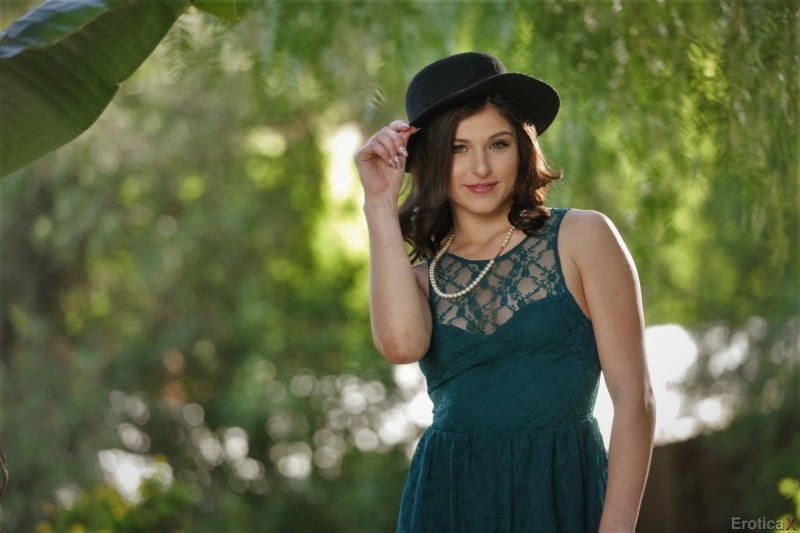 1080P, green, clothing, fashion, sleeveless, day, women, looking at camera, lifestyles, EroticaX, s, hat, smiling, women outdoors, dress, young adult