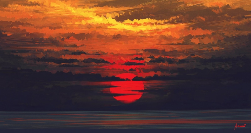 by Aenami, Figure, The sun, by Alena Aenami, The sky, 1080P, Aenami Art, Alena Aenam The, Сalm before the storm, Sunset, Clouds, Aenami