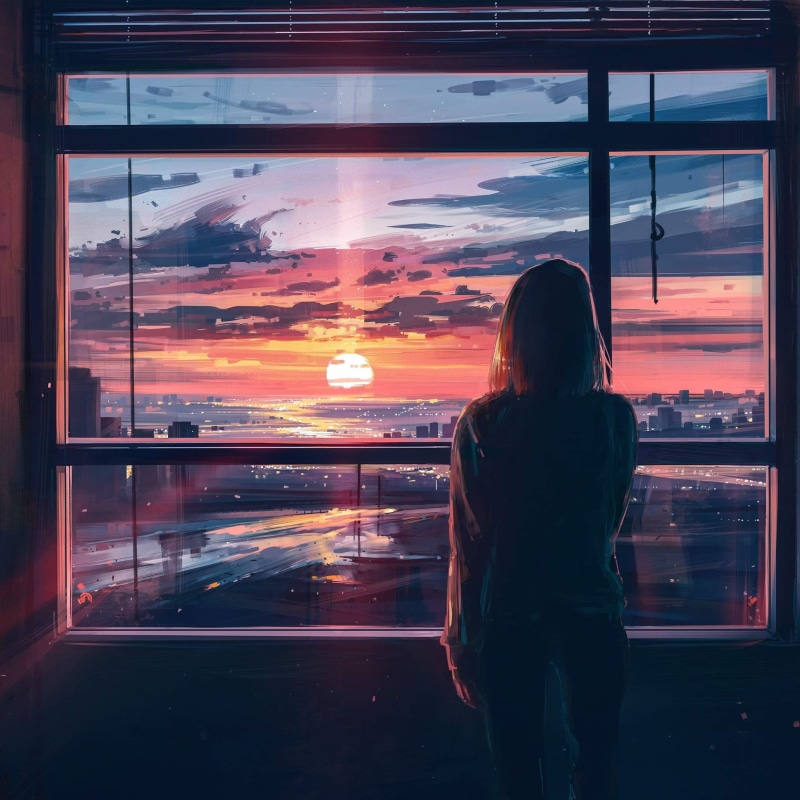 city, cityscape, architecture, women, digital, building, 1080P, artwork, Aenami, window, sunset, Sun