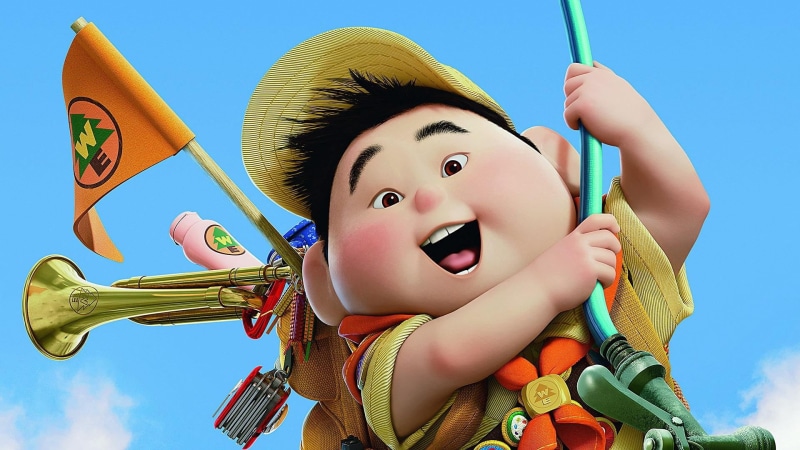 cute, emotion, young, childhood, offspring, outdoors, blue, Up (movie), movies, cheerful, holding, sky, Pixar Animation Studios, movie, mouth open, smiling