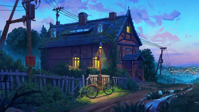 house, evening, concept art, 1080P, bycicle, painting, art, digital painting, landscape, bike, cottage