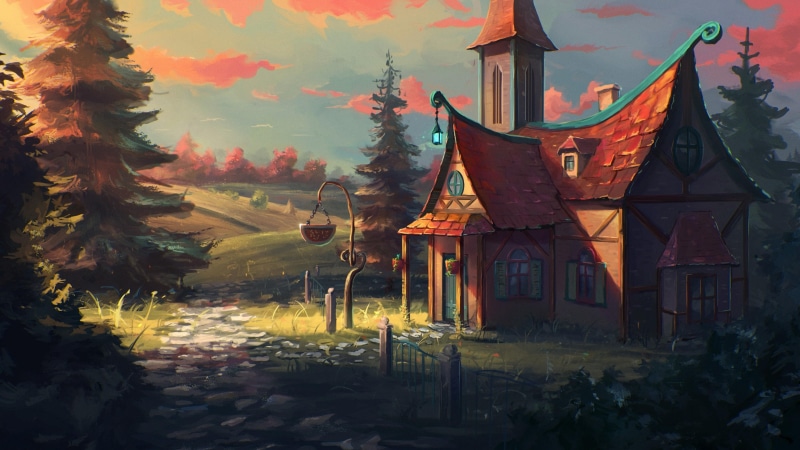 illustration, painting, dreamy, house, path, tree, tale, sky, 4K, artwork, fantasy art, landscape, art, home, cottage