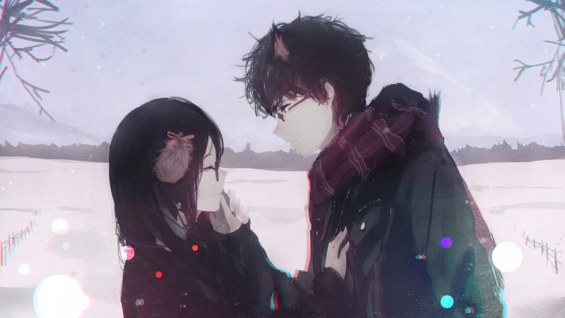 glasses, anime girls, 2K, lifestyles, leisure activity, togetherness, snowing, day, Aoi Ogata, nature, warm clothing, two people, hairstyle, women, hand on face