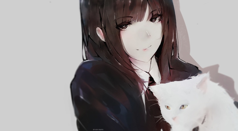 portrait, anime, Aoi Ogata, anime girls, face, cat, animals, brunette, 4K