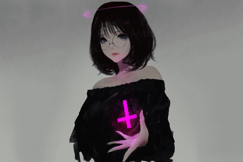 glasses, short hair, artwork, gray background, Aoi Ogata, anime girls, original characters, anime, cross, 1080P, blue eyes