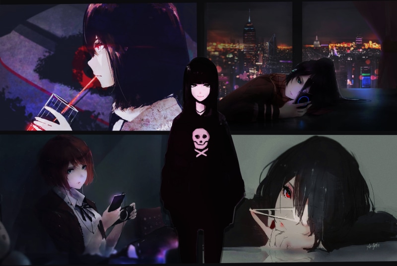 women, picture-in-picture, representation, 2K, architecture, leisure activity, digital composite, black hair, adult, people, anime, Aoi Ogata, illuminated