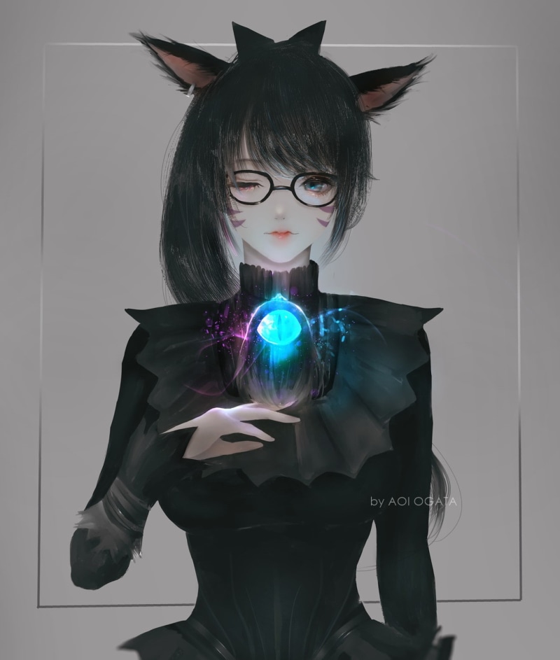 digital composite, Final Fantasy XIV, mystery, illuminated, connection, standing, front view, 720P, glowing, adult, hair, comic art, witch, sphere, hairstyle