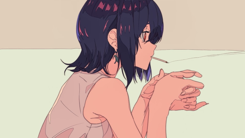 anime girls, hair, beauty, standing, smoking, indoors, young adult, women, side view, cigarettes, adult, lifestyles, manga, portrait, digital composite
