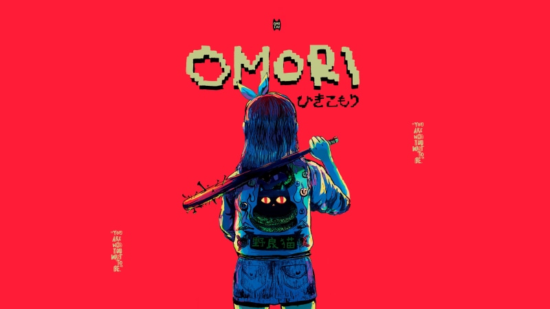 simple background, red background, OMOCAT, anime, 4K, Omori, baseball bat, anime girls