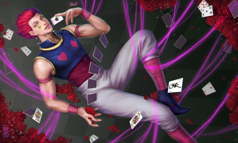 Hisoka, 2K, anime, cards, anime boys, flowers, HunterXHunter, Hisoka (Hunter × Hunter), Hunter x Hunter