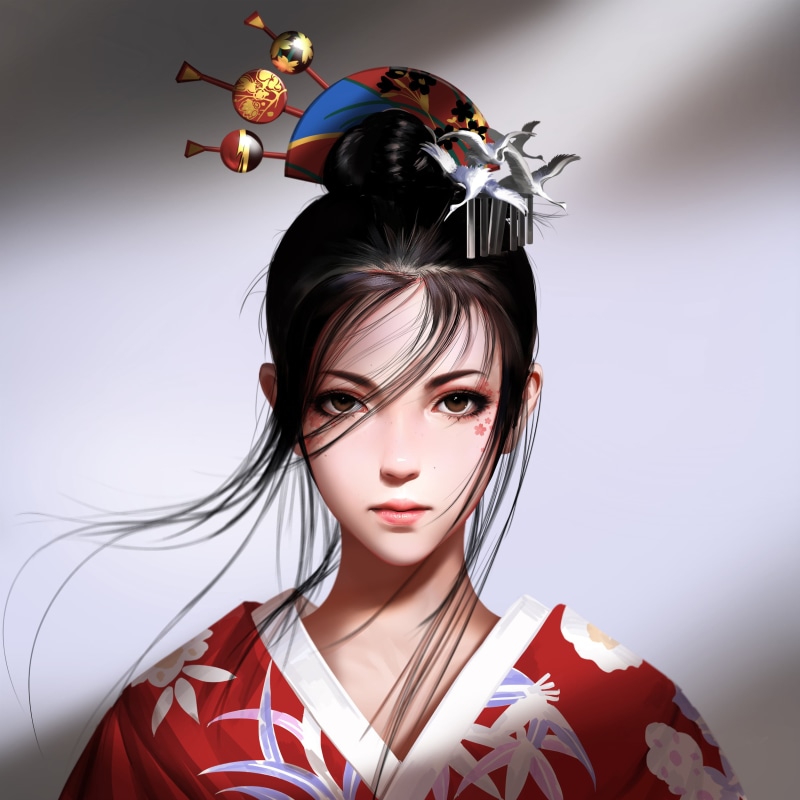 portrait, Liang Xing, 1080P, Liang-Xing, hairbun, artwork, hair in face, brown eyes, digital art, hair accessories, original characters, illustration