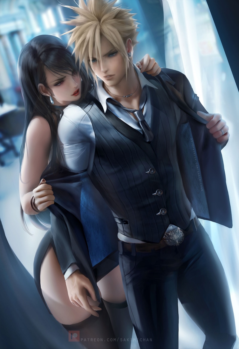 Sakimichan, Cloud Strife, 2K, Final Fantasy VII, anime, vertical, Tifa Lockhart
