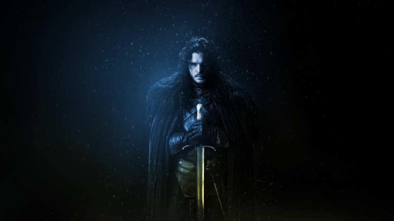 young men, night, 2K, casual clothing, real people, Jon Snow, sword, lifestyles, young adult, TV, three quarter length, dark, digital composite, leisure activity