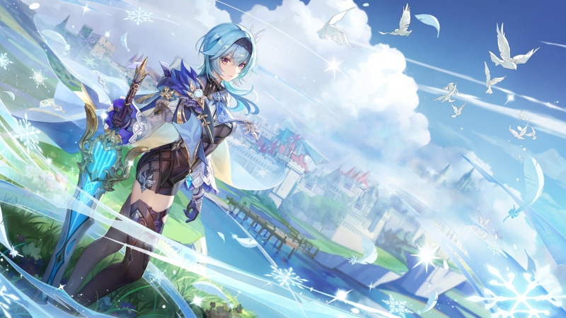 fantasy art, sword, Eula(Genshin impact), nature, clouds, video game art, 1080P, anime girls, Genshin Impact, aqua hair