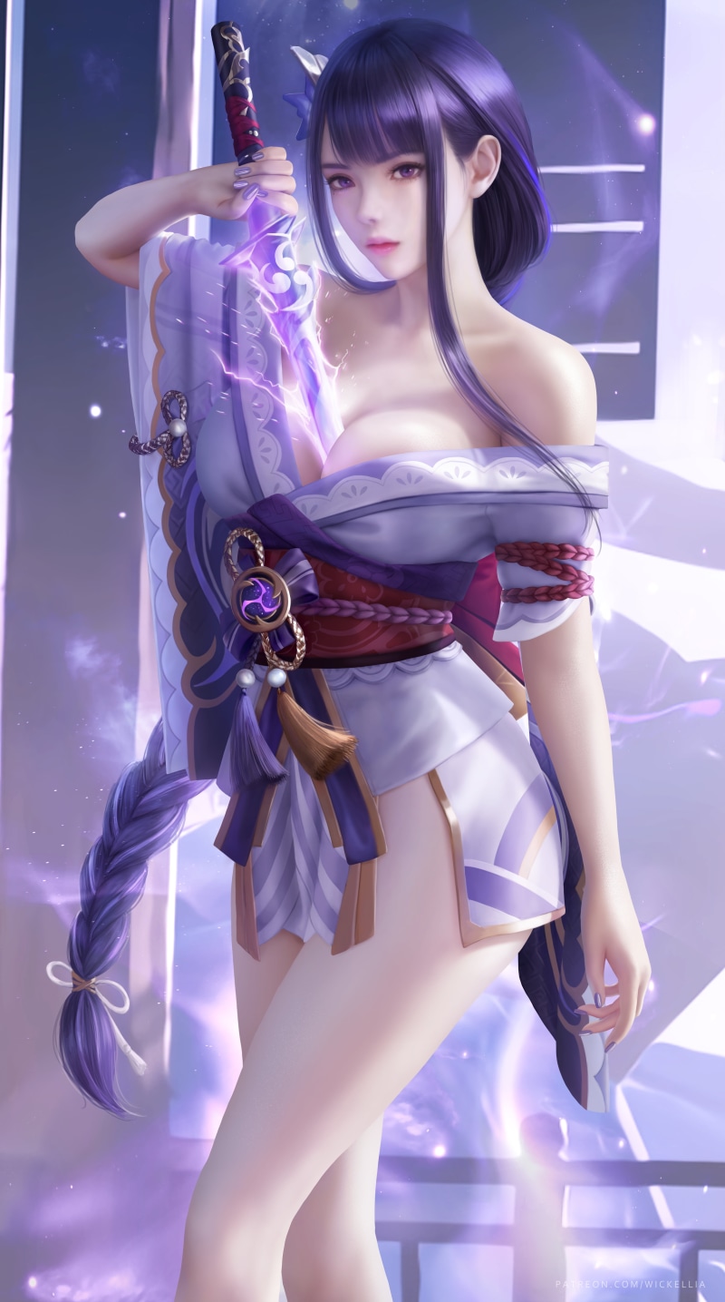 dress, Genshin Impact (Baal), video games, illustration, Genshin Impact, 5K, video game characters, sword, drawing, video game art, fantasy art, video game girls