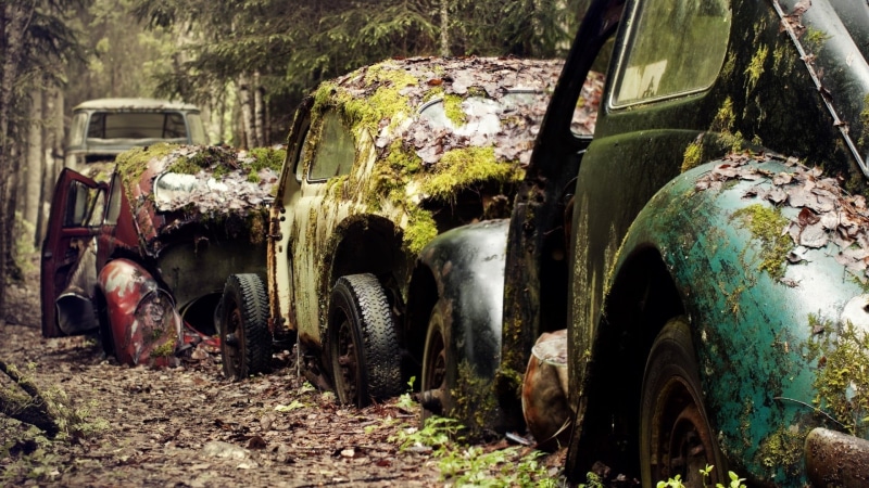 cars, abandoned, run-down, metal, decline, 1080P, obsolete, mode of transportation, bad condition, motor vehicle, junkyard, ruined, Volkswagen Beetle