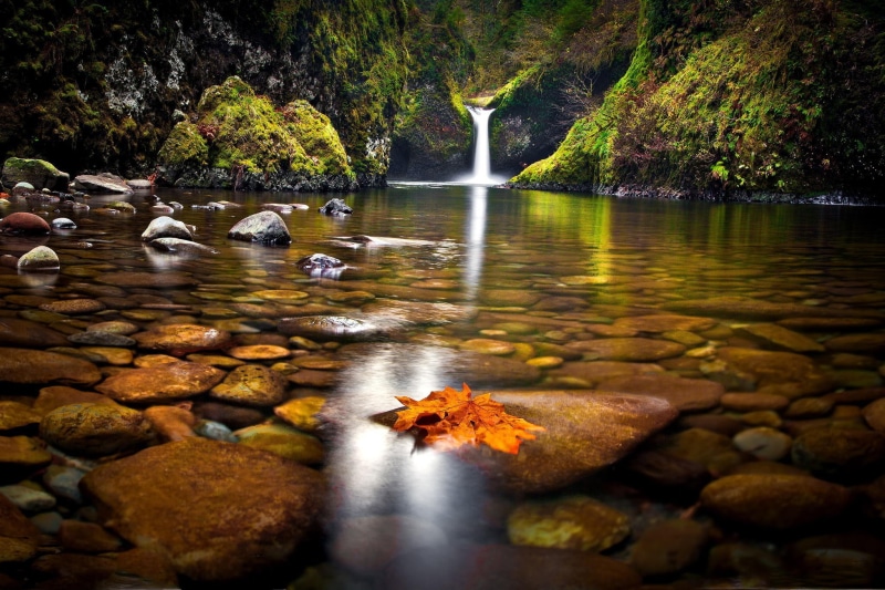 waterfall, nature, fallen leaves, landscape, rocks, 1080P, moss, river
