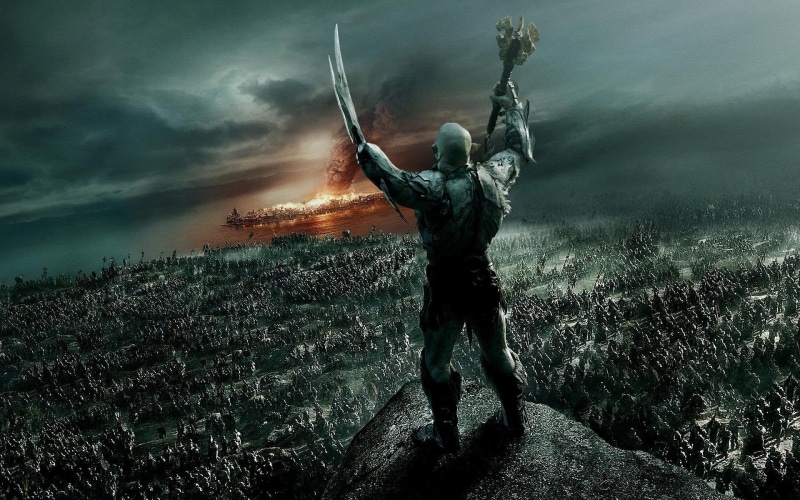 The Hobbit, Azog the Defiler, kratos, outdoors, one person, plant, rear view, human arm, land, cloud - sky, full length, The Hobbit: The Battle of the Five Armies