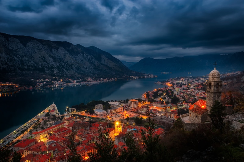 Kotor, sea  water, aerial photography, town, mountain, lights, evening, cultures, gore  bay, cityscape, mountain  lake, lake  hills, body, dusk, buildings
