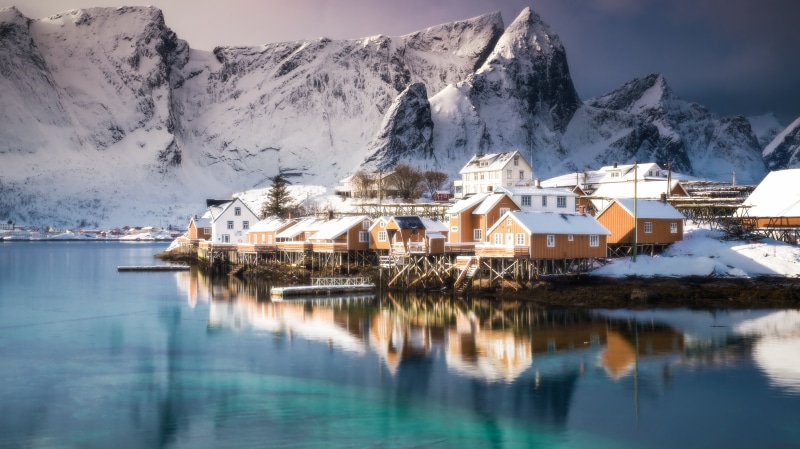 houses, Norway, reflection, building, mountain, cold temperature, winter, scenics - nature, nature, sky, mountain range, architecture, built structure