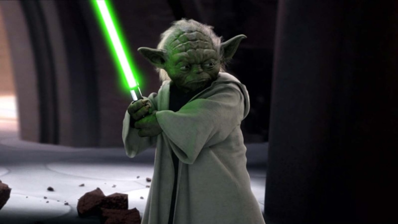 Yoda, statue, sculpture, screenshot, figurine, mammal, still, 720P, waist up, human representation, one animal, standing, spooky, animal wildlife, lightsaber