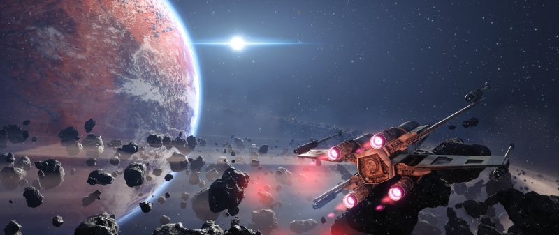 science, star - space, people, Star Wars, cloud - sky, Star Wars: Battlefront, blue, sky, night, video games, orbiting, X-wing, moon, space, red, nature