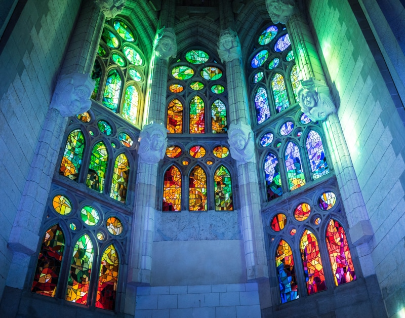 architecture, spain, glass - material, sagrada familia cathedral, places Of Worship, Cathedral, spirituality, catholicism, low angle view, built structure