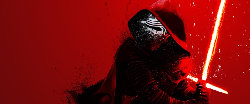 Star Wars: The Force Awakens, 2K, lightsaber, red background, ultra-wide, Kylo Ren