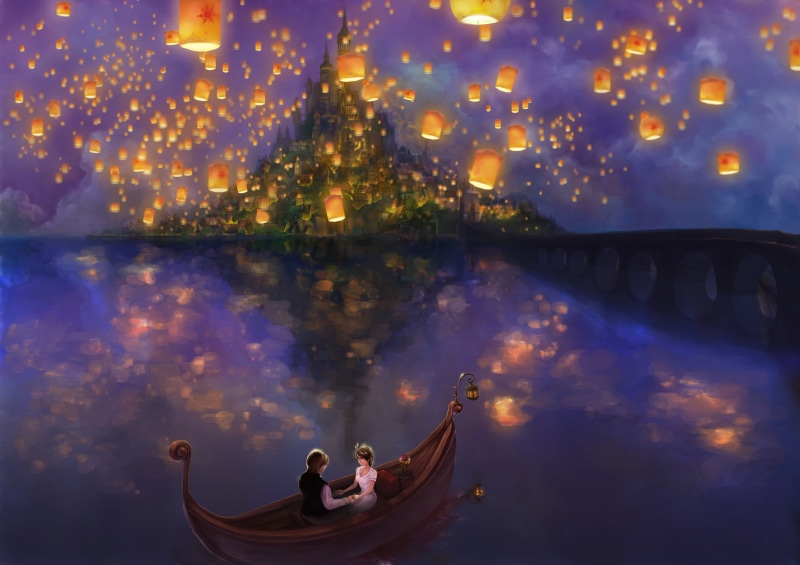 night, Rapunzel, fairytales, the movie, illuminated, vacations, celebration, glowing, nature, asia, cloud - sky, blue, boat, backgrounds, painting, Pascal