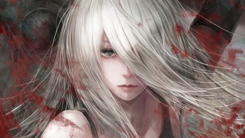 blue eyes, white hair, Nier: Automata, artwork, video games, NieR, A2 (Nier: Automata), 1080P, women, digital art, looking at viewer