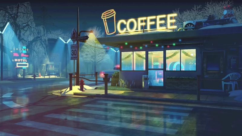 artwork, Retro style, coffee house, crosswalk, street light, 1080P, coffee, digital art