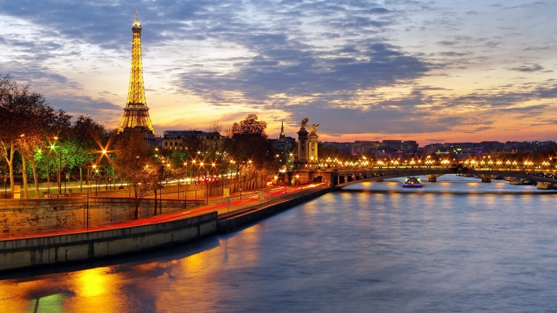 cloud - sky, tower, water, spire, sunset, travel, 1080P, outdoors, travel destinations, sky, reflection, transportation, eiffel, waterfront, Eiffel Tower