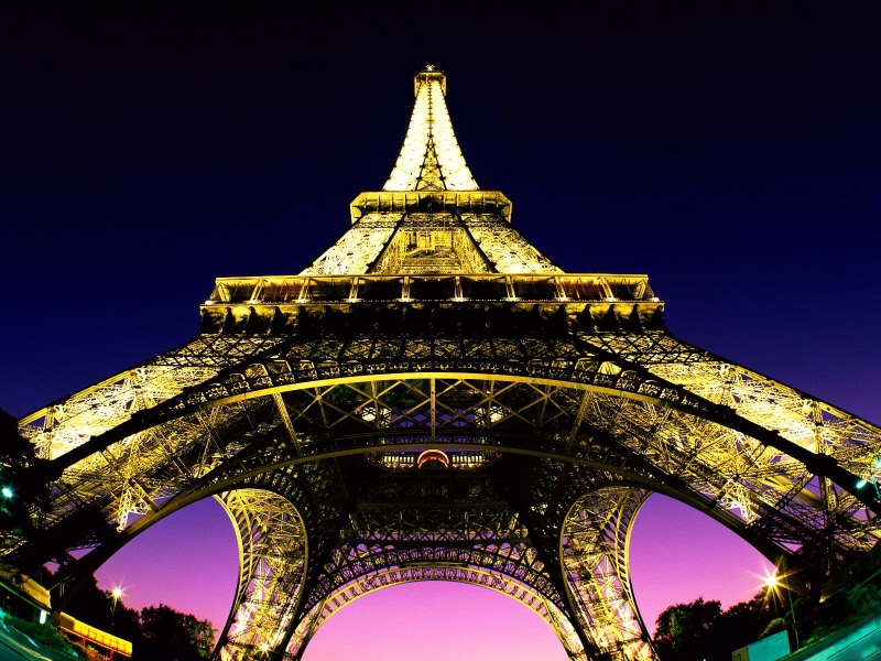 building, spire, France, travel, lights, 720P, low angle view, sky, blue, outdoors, cityscape, building exterior, eiffel, night, worms eye view, no people