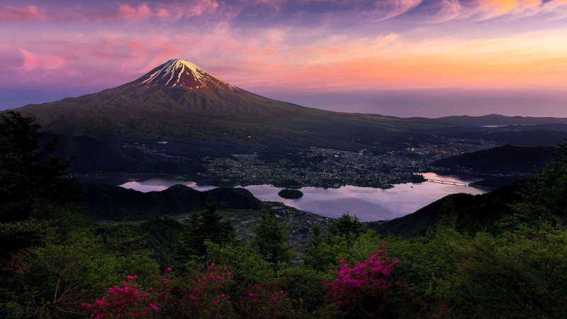environment, 1080P, volcano, sunset, volcanic crater, water, purple, mountains, tree, non-urban scene, sky, mountain peak, no people, plant, landscape
