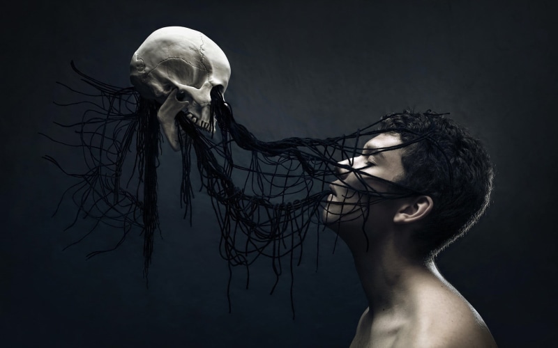 s, real people, skull, death, women, hairstyle, portrait, waist up, Gothic, gray, lifestyles, one person, spooky, creativity, man, hair, digital art, studio shot