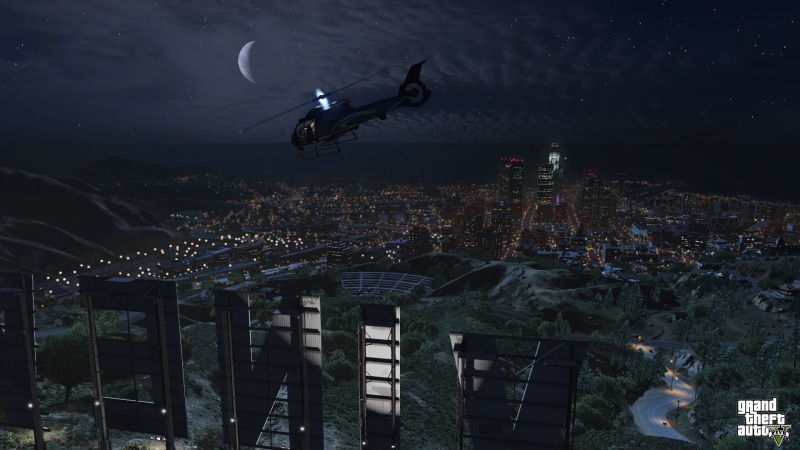 theft, moon, lifestyles, built structure, mid-air, architecture, flying, Los Santos, grand, building exterior, 1080P, sky, outdoors, transportation, night