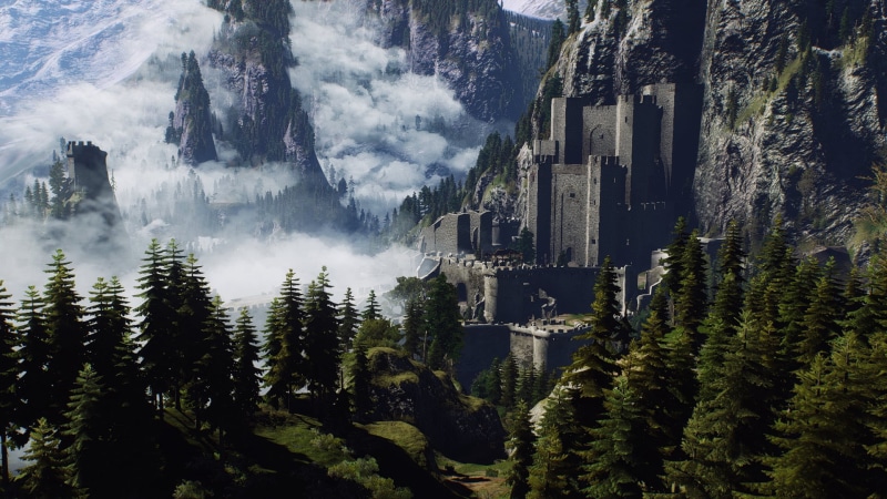clouds, building, land, fantasy art, mountains, tranquil scene, outdoors, nature, gray, growth, beauty in nature, mountain, video games, architecture, The Witcher 3: Wild Hunt