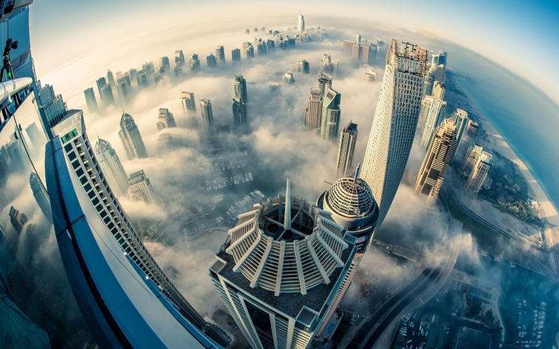 futuristic, urban Skyline, financial District, high, town, sheikh Zayed Road, rise, scenery, road, china - East Asia, transportation, buildings, fisheye lens