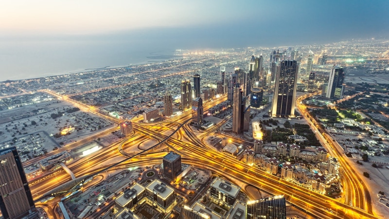 sheikh Zayed Road, high angle view, nature, light trails, anime, office building exterior, sunset, road, urban Scene, river, Burj Khalifa, lights, development