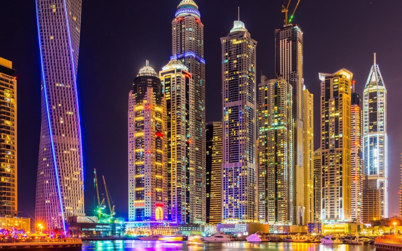 city, splendor, lights, colorful, 2K, building, emirates, arab emirates, Skyscrapers, Night, Dubai, arab