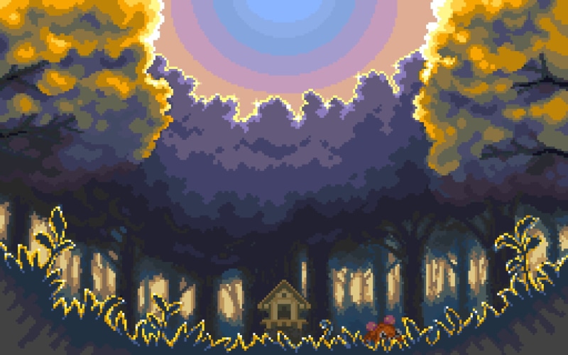built structure, trees, human representation, no people, sky, religion, building, tall, place of worship, building exterior, day, video games, pixel art