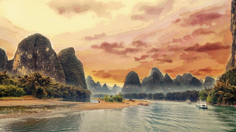 sunset, nautical vessel, travel destinations, outdoors, water, bank, landscape, travel, nature, china, rock, painting, sky, formation, beauty in nature