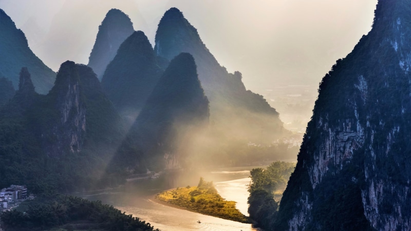 dawn, sunlight, atmosphere, no people, mount scenery, mountain peak, asia, beauty in nature, geological phenomenon, china, fog, solid, mountain, mountain range