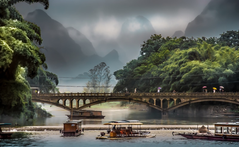 Nikon  D200, Guangxi, fog, Yangshuo, China, people, Brücke, Boote, concrete, nature, Farben, colors, river, boats, Lijang, Li  people, Li River, travel
