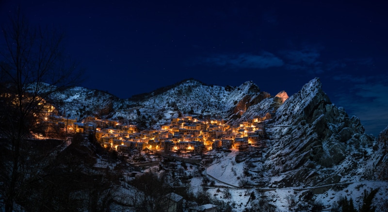 residential district, city, mountain Range, night, winter, turn, tree, star - space, no people, sunset, nature, architecture, lights, blue, snow, scenics