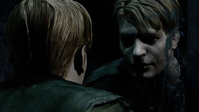 black background, 1080P, adult, s, women, emotion, headshot, evil, dark, video games, mid adult men, Silent Hill  2, females, two people, looking, hairstyle
