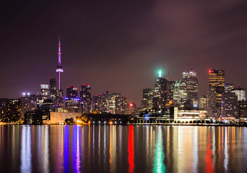 panoramic photography, modern, urban Skyline, Purple Haze, at night, Toronto, building Exterior, Lights, cityscape, LongExposure, skyscraper, city, sky