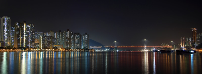 architecture, panoramic, asia, harbor, panoramic view, view, sea, city, urban Skyline, nighttime, famous Place, cityscape, reflection, canon, 5K, hongkong